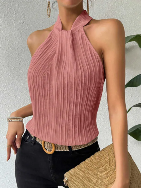 1970s Halter Pleated Sleeveless Solid Top sold by Retro Stage