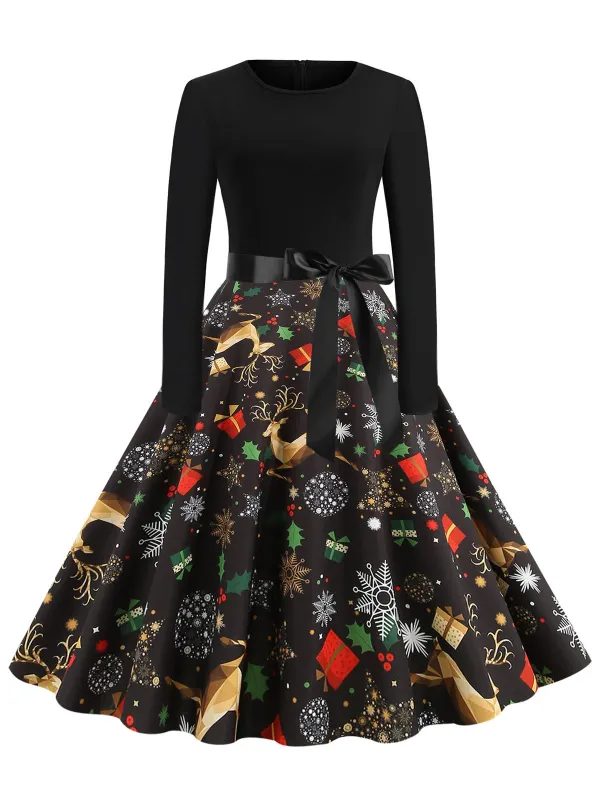 Black 1950s Christmas Print Belted Dress sold by Retro Stage