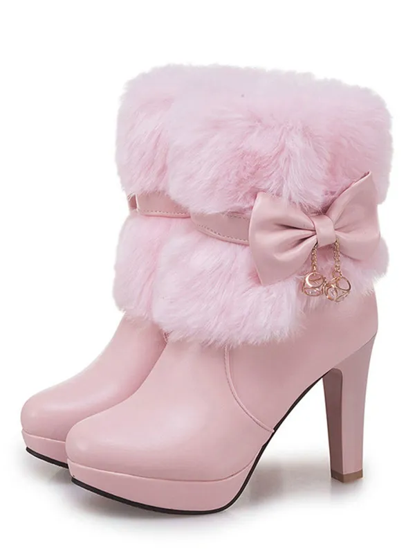Retro Solid Furry Chunky Heel Short Boots made by Retro Stage