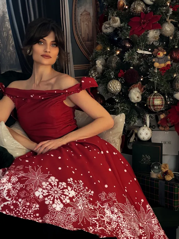 Red 1950s Off-shoulder Snowflake Dress sold by Retro Stage