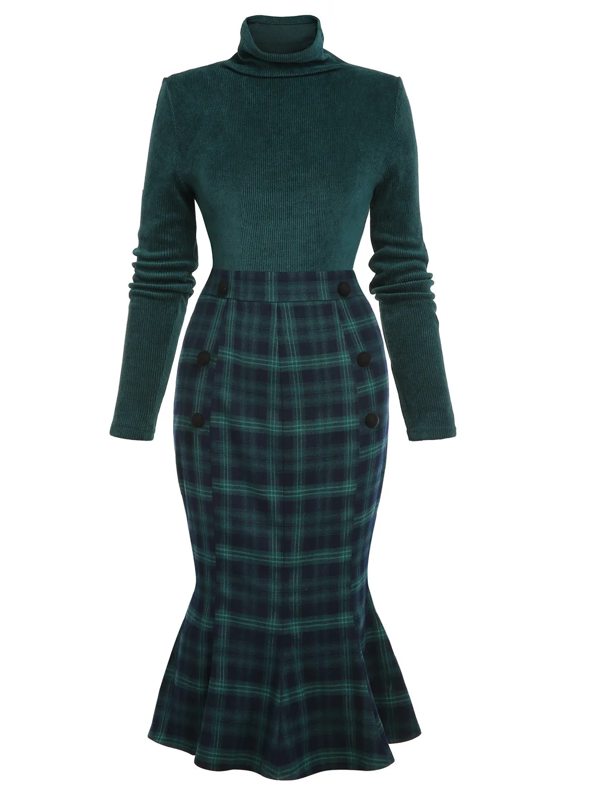 Green 1930s Plaid Turtleneck Fishtail Dress sold by Retro Stage product image thumbnail 4