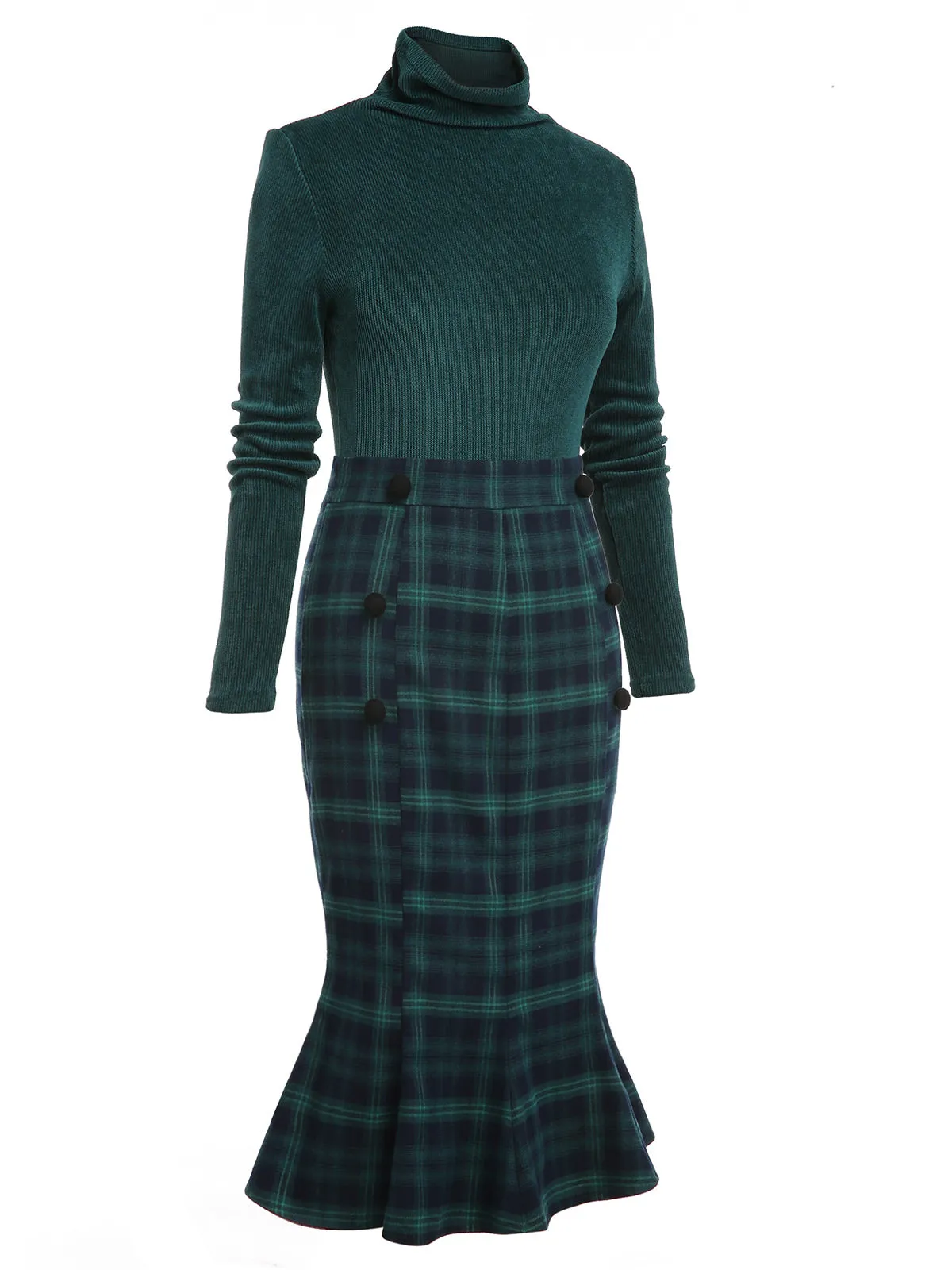Green 1930s Plaid Turtleneck Fishtail Dress sold by Retro Stage product image thumbnail 5