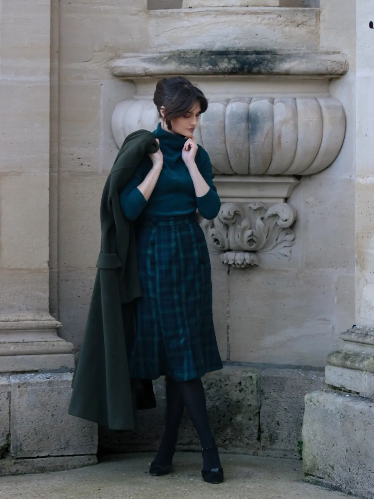 Green 1930s Plaid Turtleneck Fishtail Dress sold by Retro Stage product image thumbnail 2