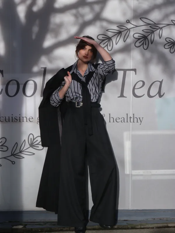 Black 1940s Shirt Collar Stripe Jumpsuit With Cape sold by Retro Stage