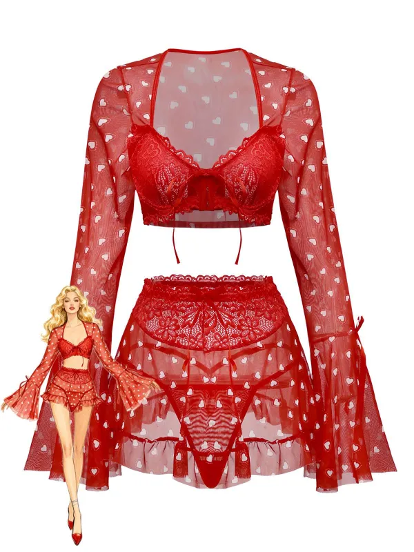 2PCS Red 1960s Heart Bow Ruffled Valentine's Pajamas sold by Retro Stage