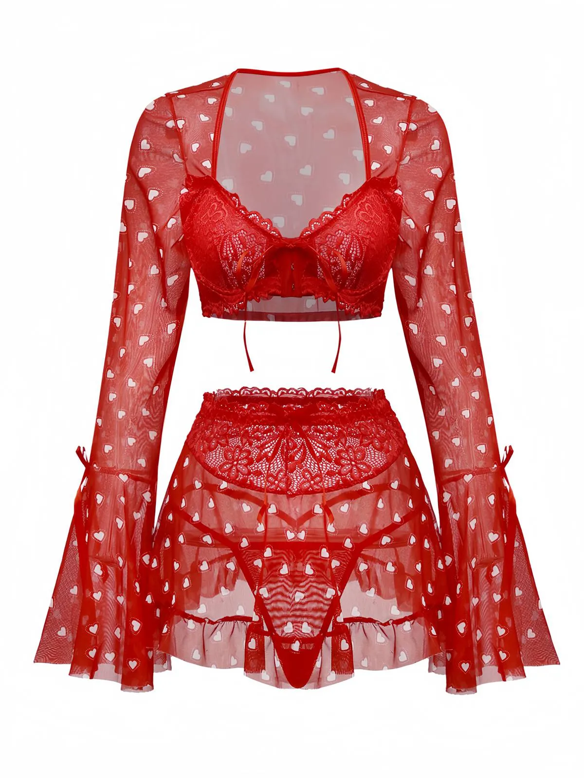2PCS Red 1960s Heart Bow Ruffled Valentine's Pajamas sold by Retro Stage product image thumbnail 2