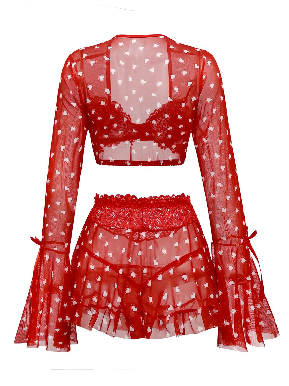 2PCS Red 1960s Heart Bow Ruffled Valentine's Pajamas sold by Retro Stage product image thumbnail 3