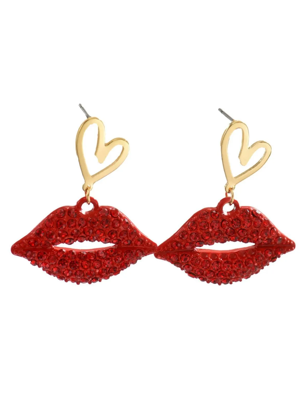 Red Lip Rhinestones Heart Alloy Pendant Earrings sold by Retro Stage
