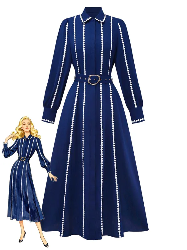 Dark Blue 1940s Contrast-Trim Belted Shirt Dress sold by Retro Stage