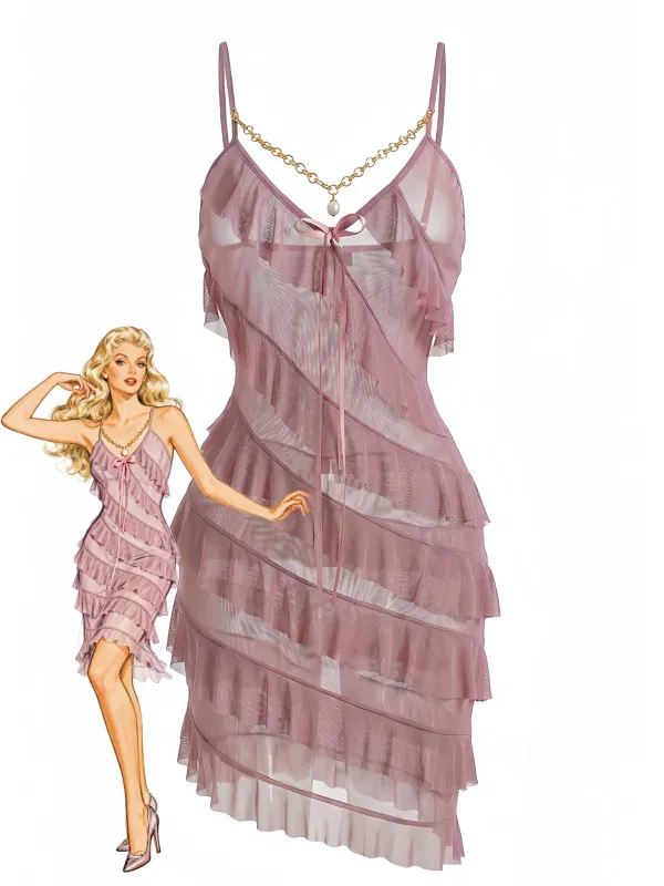 1960s Chain Pearl Ruffled Spaghetti Strap Nightgown sold by Retro Stage