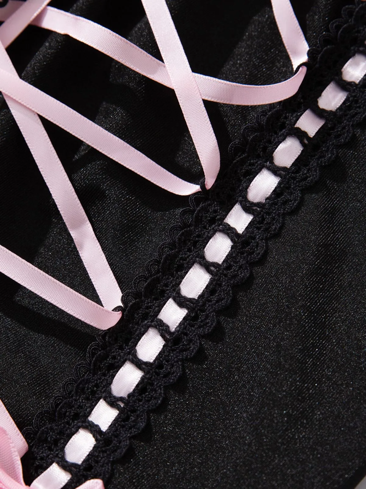 1970s Contrasted Lace Mesh Bow Lace-Up Lingerie Set sold by Retro Stage product image thumbnail 5