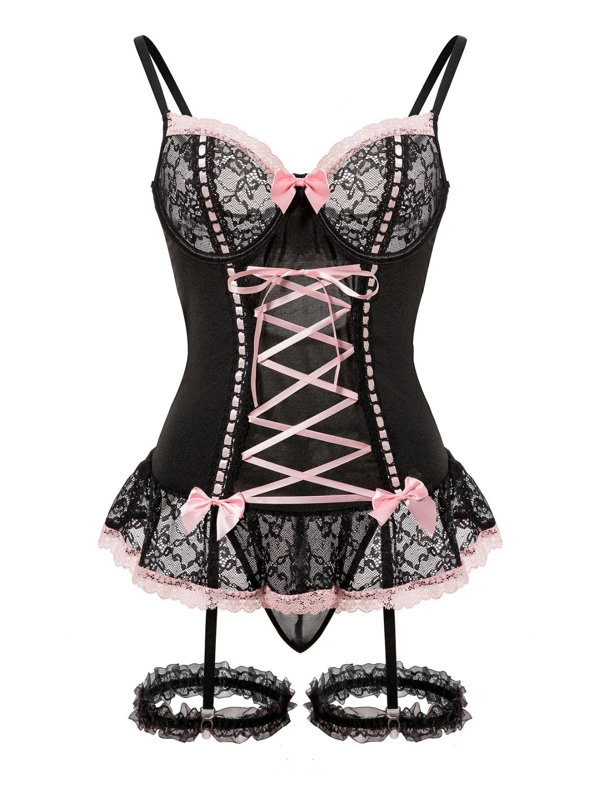 1970s Contrasted Lace Mesh Bow Lace-Up Lingerie Set sold by Retro Stage product image thumbnail 2