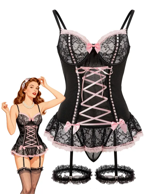 1970s Contrasted Lace Mesh Bow Lace-Up Lingerie Set sold by Retro Stage