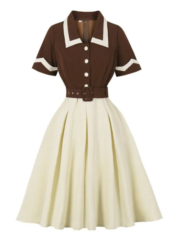 Coffee & Beige 1950s Contrast Lapel Belted Dress sold by Retro Stage