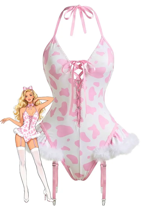 1960s Cow-Spotted Halter Lace-Up Plush Lingerie Set sold by Retro Stage