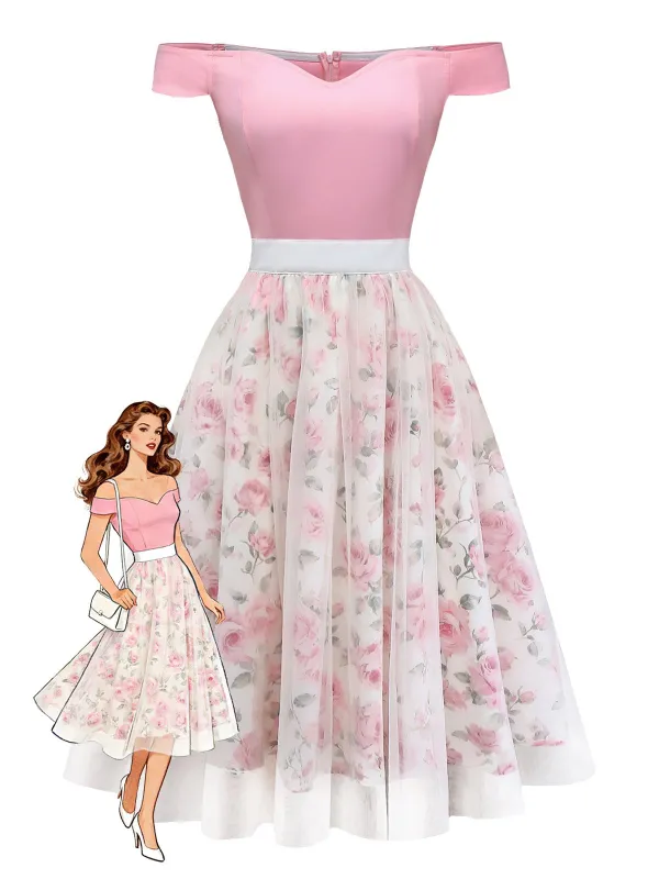 [Pre-Sale] Pink 1950s Sweetheart Rose Mesh Off-Shoulder Dress made by Retro Stage