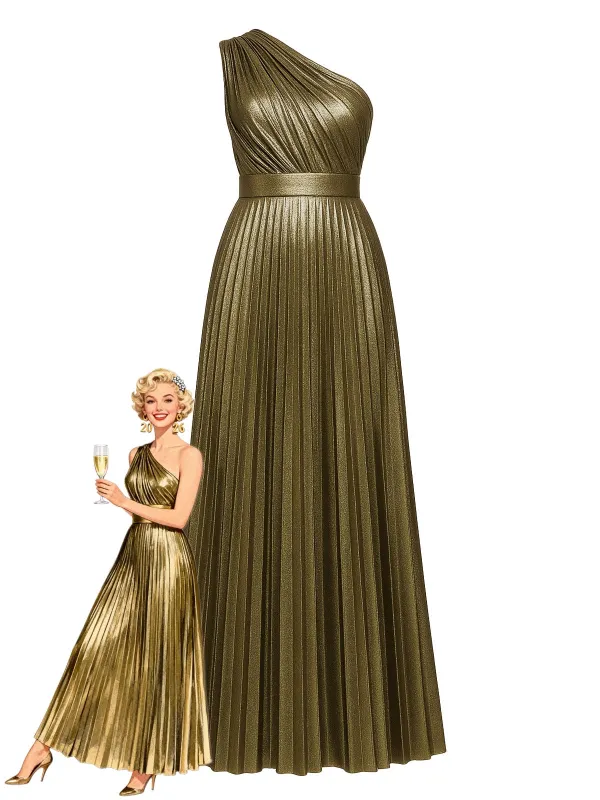 Gold 1980s Metallic One-Shoulder Pleated Party Dress sold by Retro Stage