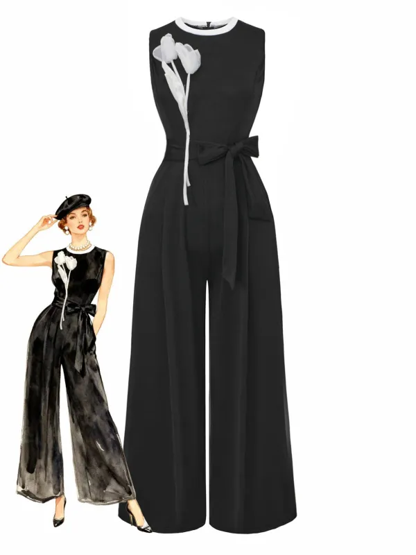 Black 1950s 3D-Floral Sleeveless Tie-Up Jumpsuit sold by Retro Stage