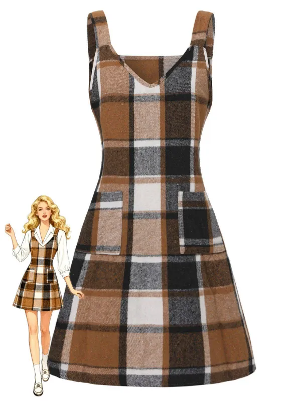 Brown 1970s Plaid V-Neck Pocket Overall Dress sold by Retro Stage