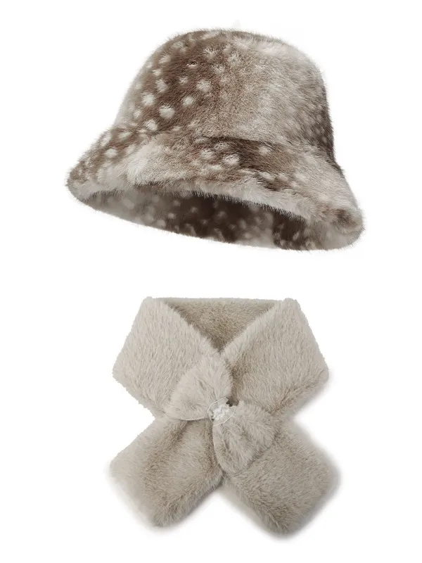 Plush Deer-Print Bucket Hat & Scarf Set sold by Retro Stage
