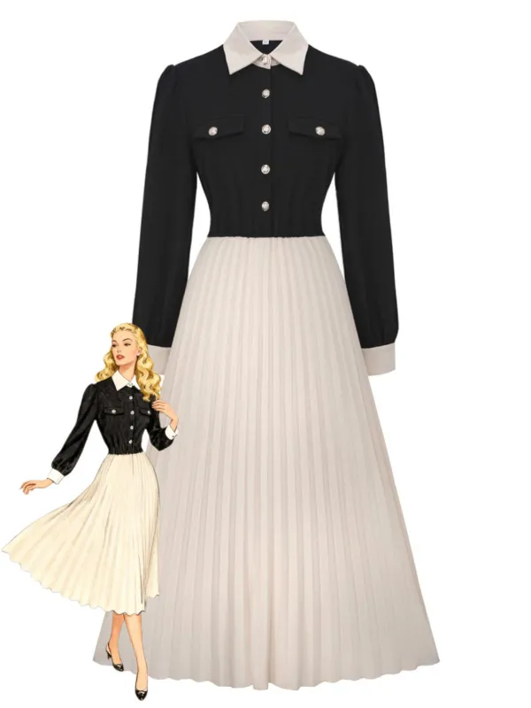 1940s Lapel Color-Block Pleated Swing Dress sold by Retro Stage