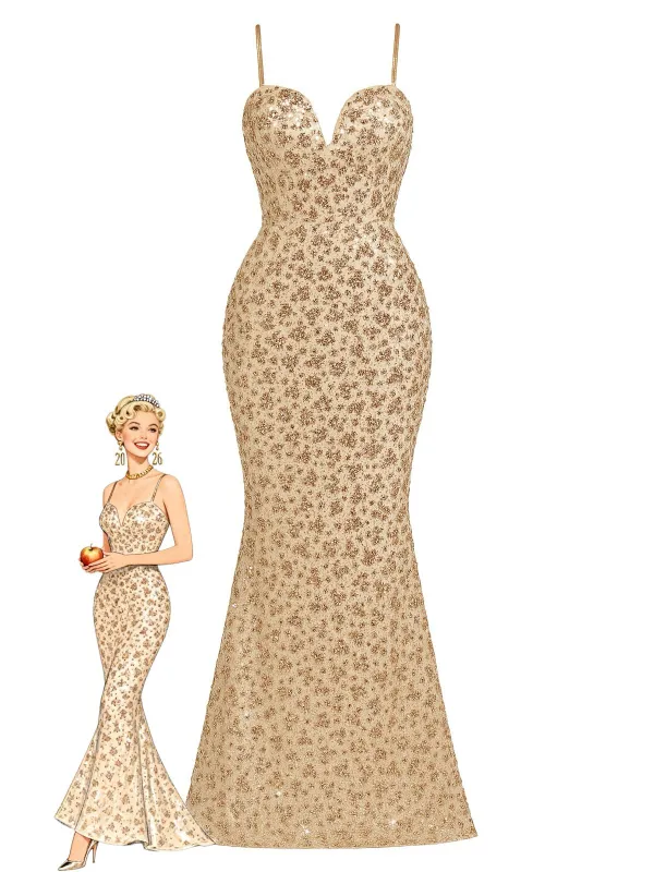 Champagne 1930s Sequined Backless Evening Dress sold by Retro Stage