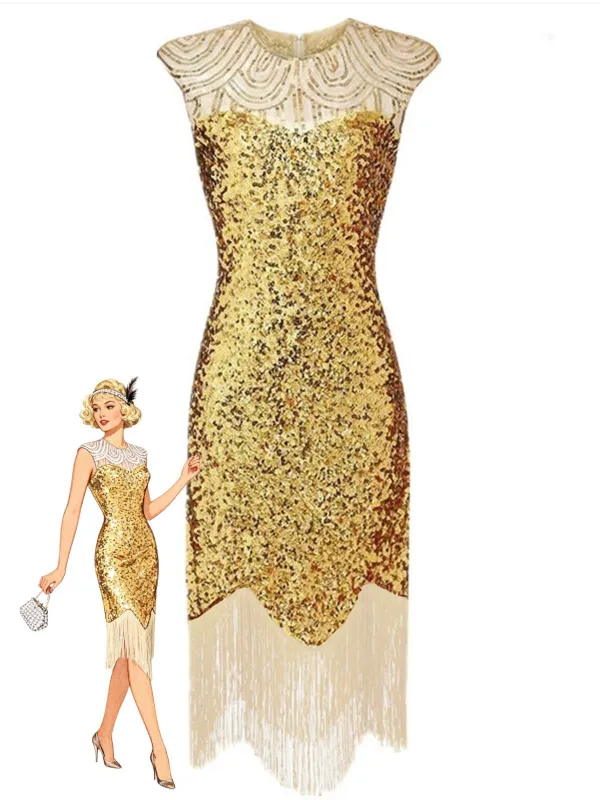 1920s Sequin Beads Fringed Evening Dress sold by Retro Stage