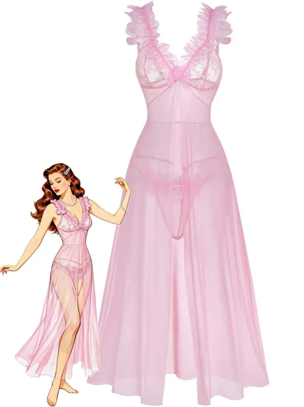 Pink 1930s 3D Floral Sheer Mesh Lace Lingerie Set sold by Retro Stage