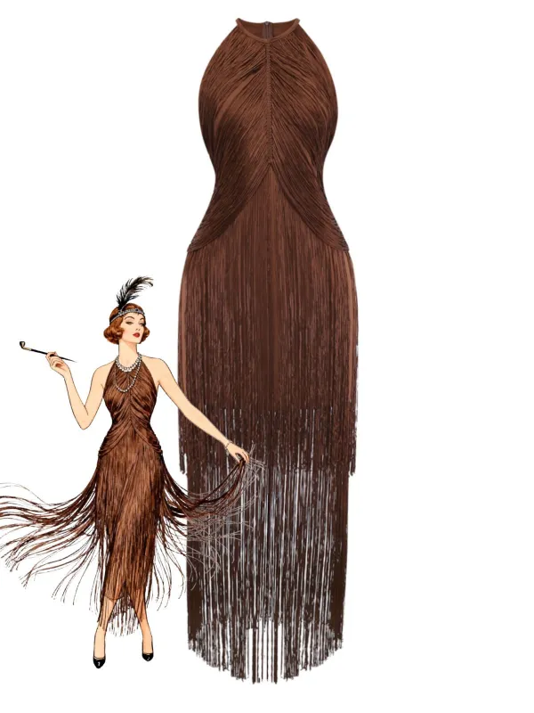 Coffee 1920s Solid Fringe Halter Sleeveless Dress sold by Retro Stage