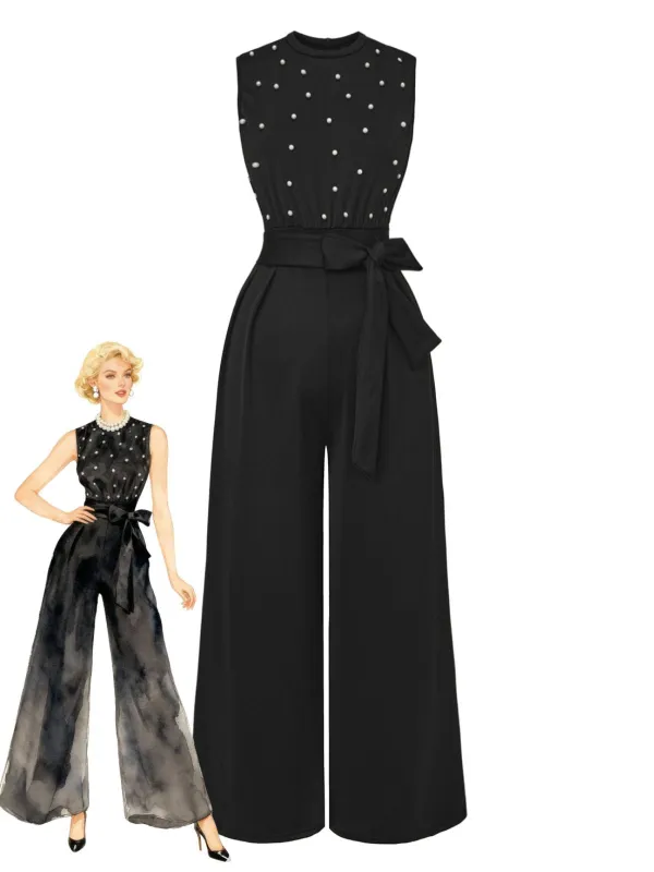 Black 1950s Pearl Beading Bow Belt Jumpsuit sold by Retro Stage