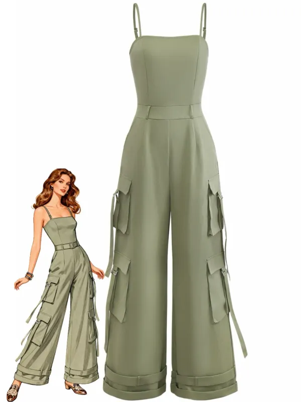 1970s Solid Spaghetti Strap Cargo Style Wide-Leg Jumpsuit sold by Retro Stage
