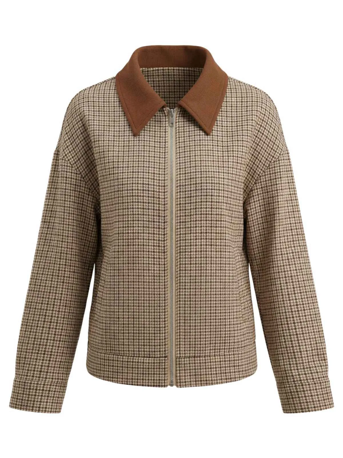 Brown 1950s Lapel Plaid Zipper Jacket sold by Retro Stage