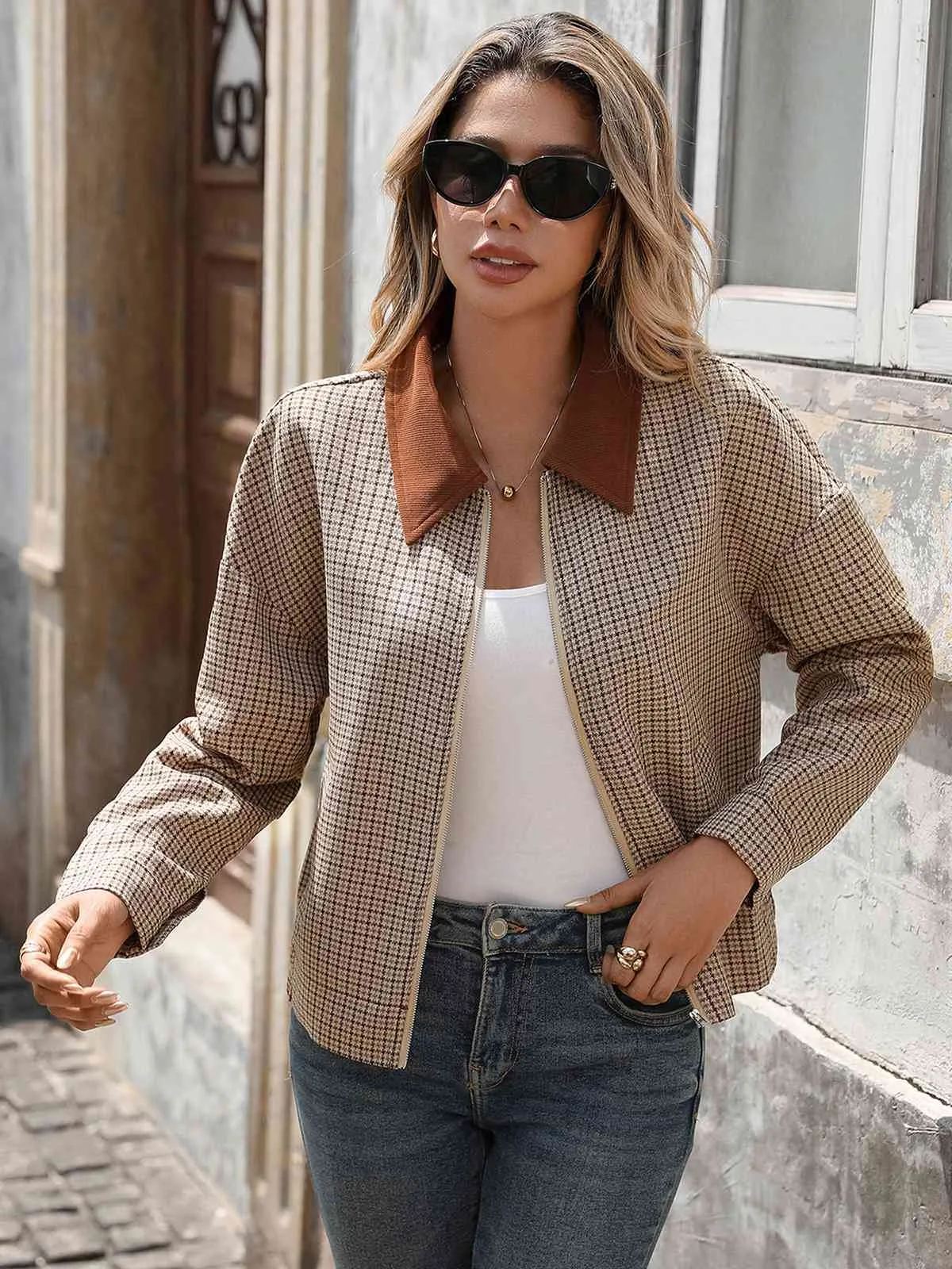 Brown 1950s Lapel Plaid Zipper Jacket sold by Retro Stage product image thumbnail 2