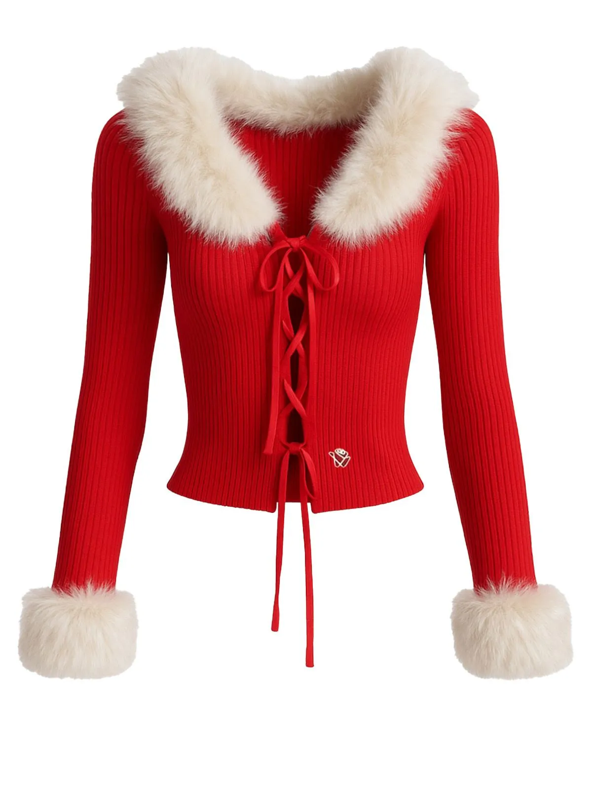 Red 1980s Detachable Fur Collar Tie Knit Cardigan sold by Retro Stage product image thumbnail 2