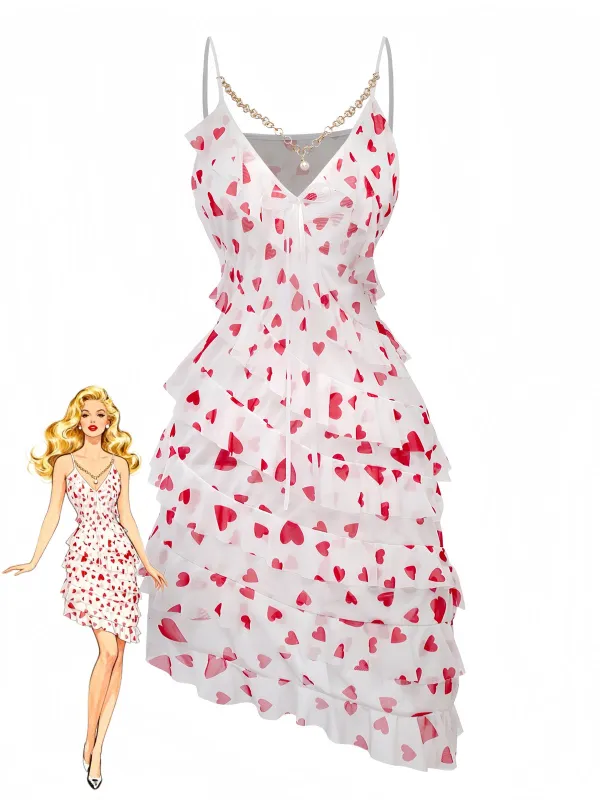 Red 1960s Heart Ruffled Mesh Slip Nightgown sold by Retro Stage