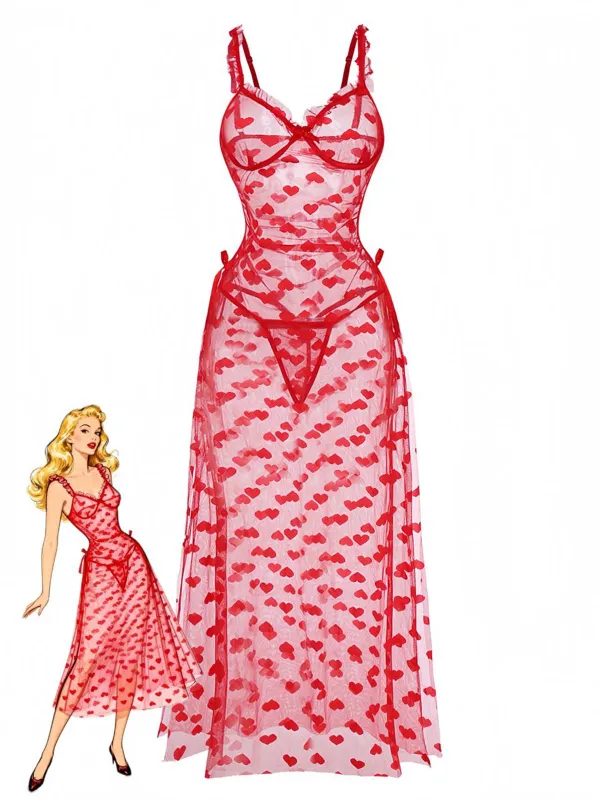 Red 1930s Heart Mesh Strap Nightdress sold by Retro Stage