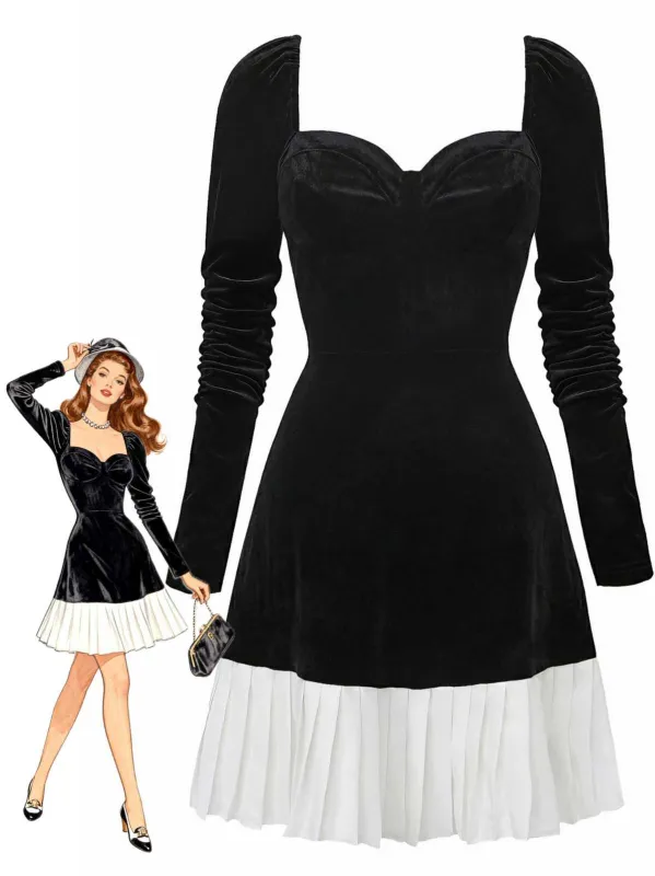 1960s Sweetheart Neck Contrast Velvet Pleated Hem Dress sold by Retro Stage