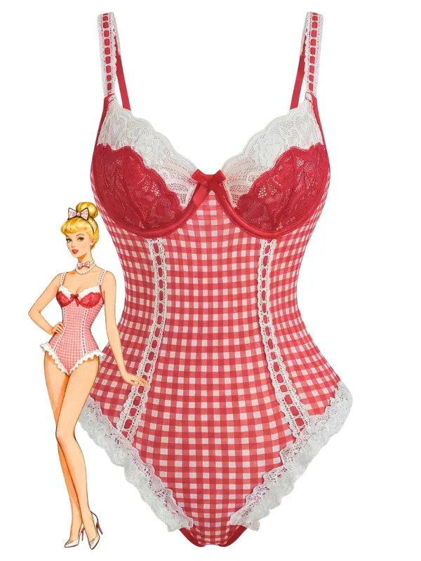 Red 1960s Gingham Lace Bow Bodysuit Lingerie sold by Retro Stage