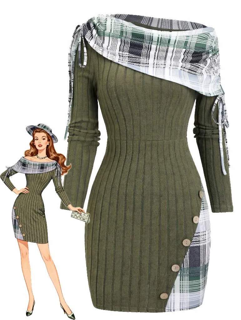 Olive Green 1960s Plaid Accent Button Detail Ribbed Dress sold by Retro Stage