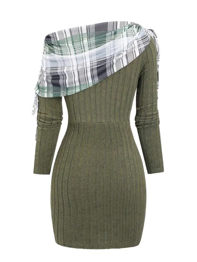 Olive Green 1960s Plaid Accent Button Detail Ribbed Dress sold by Retro Stage product image thumbnail 4