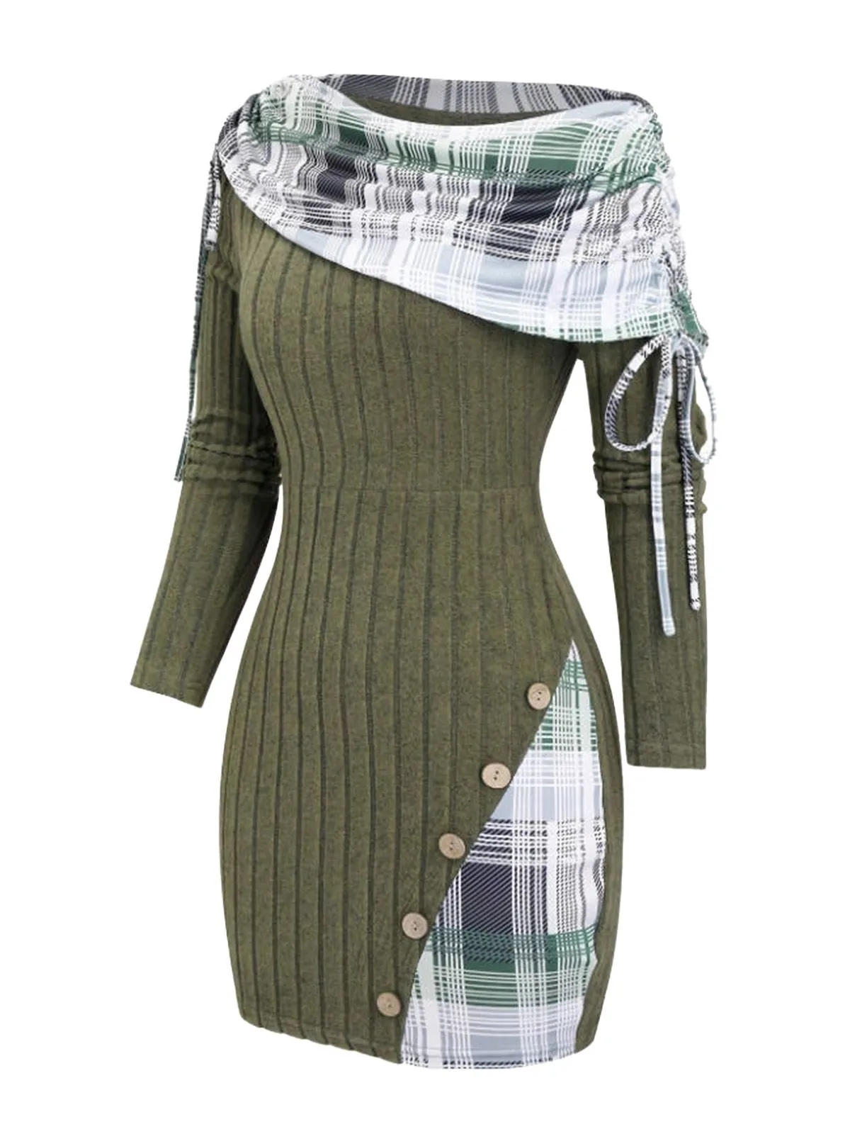 Olive Green 1960s Plaid Accent Button Detail Ribbed Dress sold by Retro Stage product image thumbnail 3