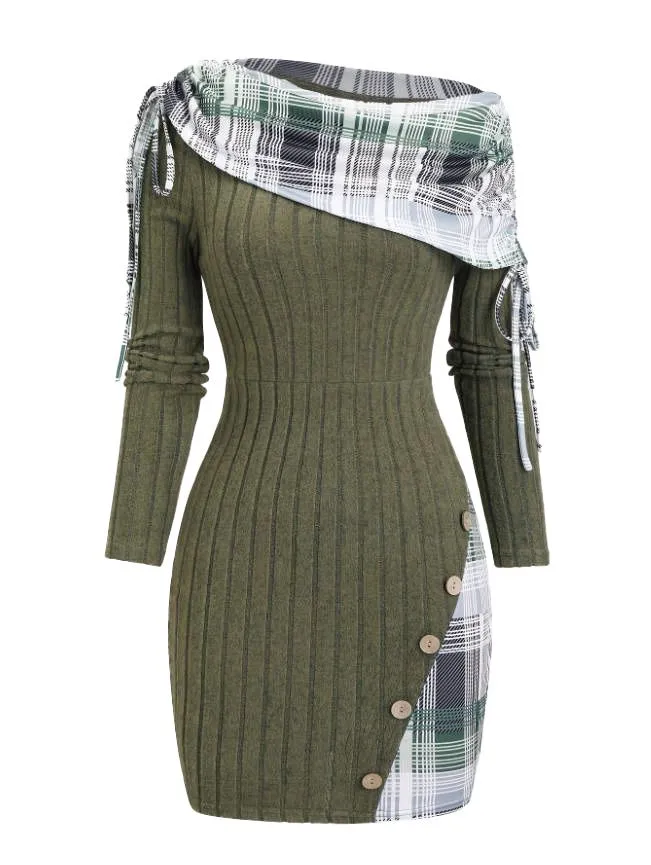 Olive Green 1960s Plaid Accent Button Detail Ribbed Dress sold by Retro Stage product image thumbnail 2