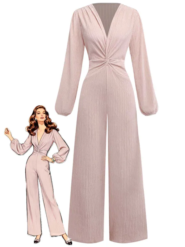 1970s V-Neck Solid Twist Long Sleeve Jumpsuit sold by Retro Stage