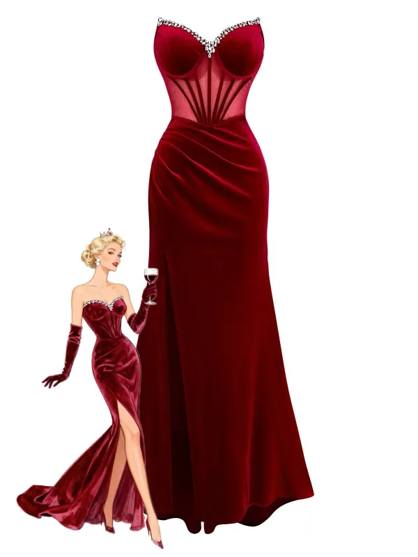 Burgundy 1980s Velvet Strapless Slit Dress sold by Retro Stage