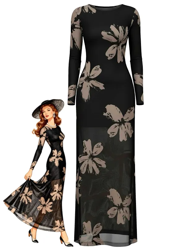 1930s Floral Mesh Long Sleeve Maxi Dress sold by Retro Stage