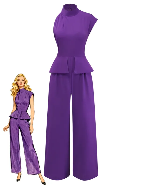 Purple 1980s Solid Irregular Sleeve Fitted Jumpsuit sold by Retro Stage