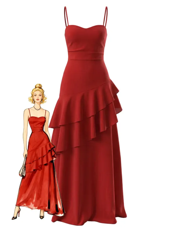 Red 1930s Solid Holiday Ruffle Backless Cami Dress sold by Retro Stage