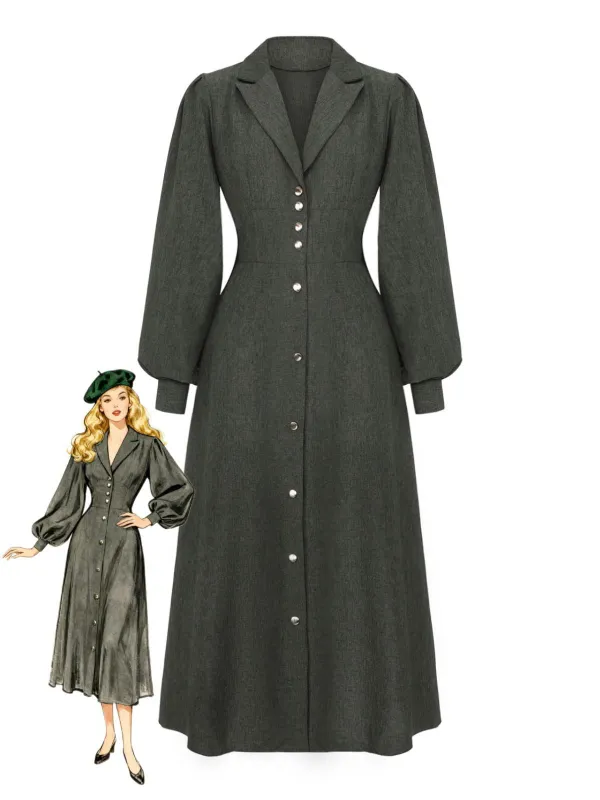 1940s Notched Collar Lantern Sleeve Button Dress sold by Retro Stage
