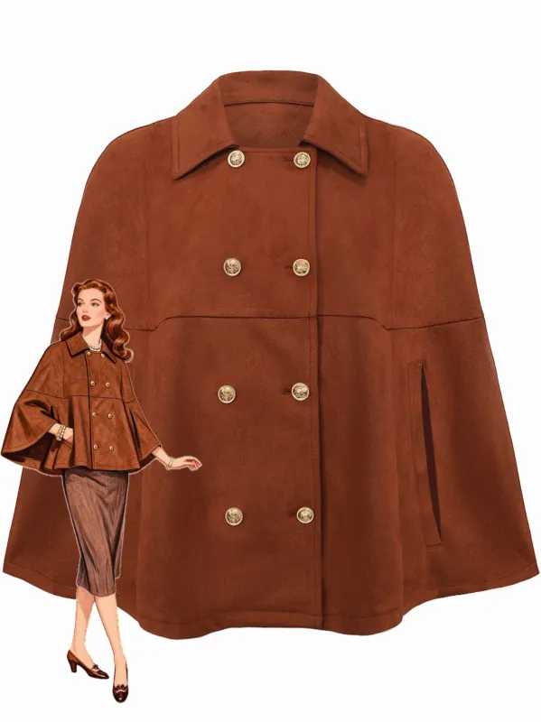 Light Brown 1940s Double-breasted Metal Button Suede Cape sold by Retro Stage
