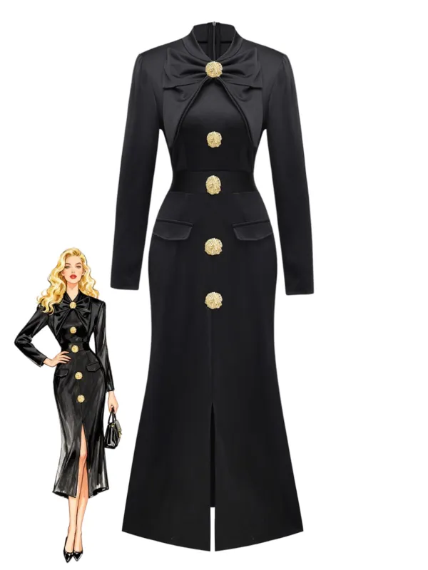 Black 1930s Bow Collar Metal Button Front Slit Dress sold by Retro Stage